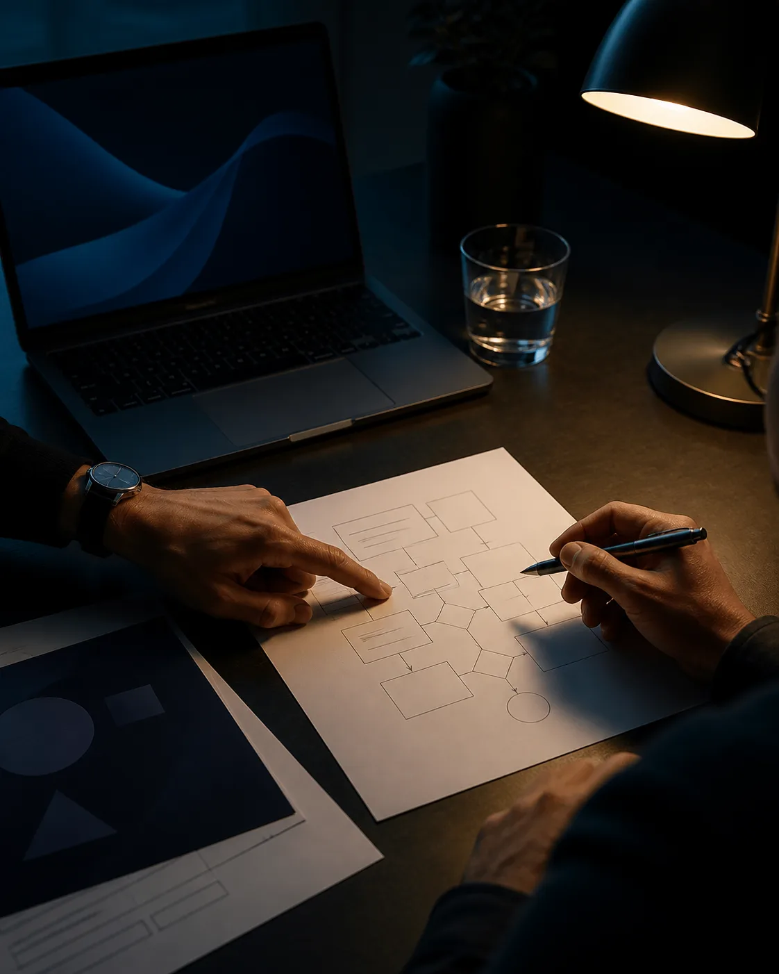 Illustration of a workflow review at a desk